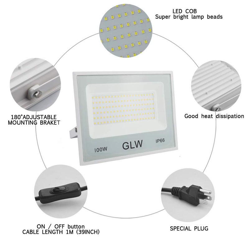 GLW مصابيح الفيض 100 واط LED في عبوة 2، 10000 لومن ضوء عمل فائق السطوع، 6000 كيلفن ضوء النهار الأبيض مع قابس، مصابيح أمان خارجية مقاومة للماء IP66 للملعب، المرآب، الفناء، الحديقة الخلفية - Image 4